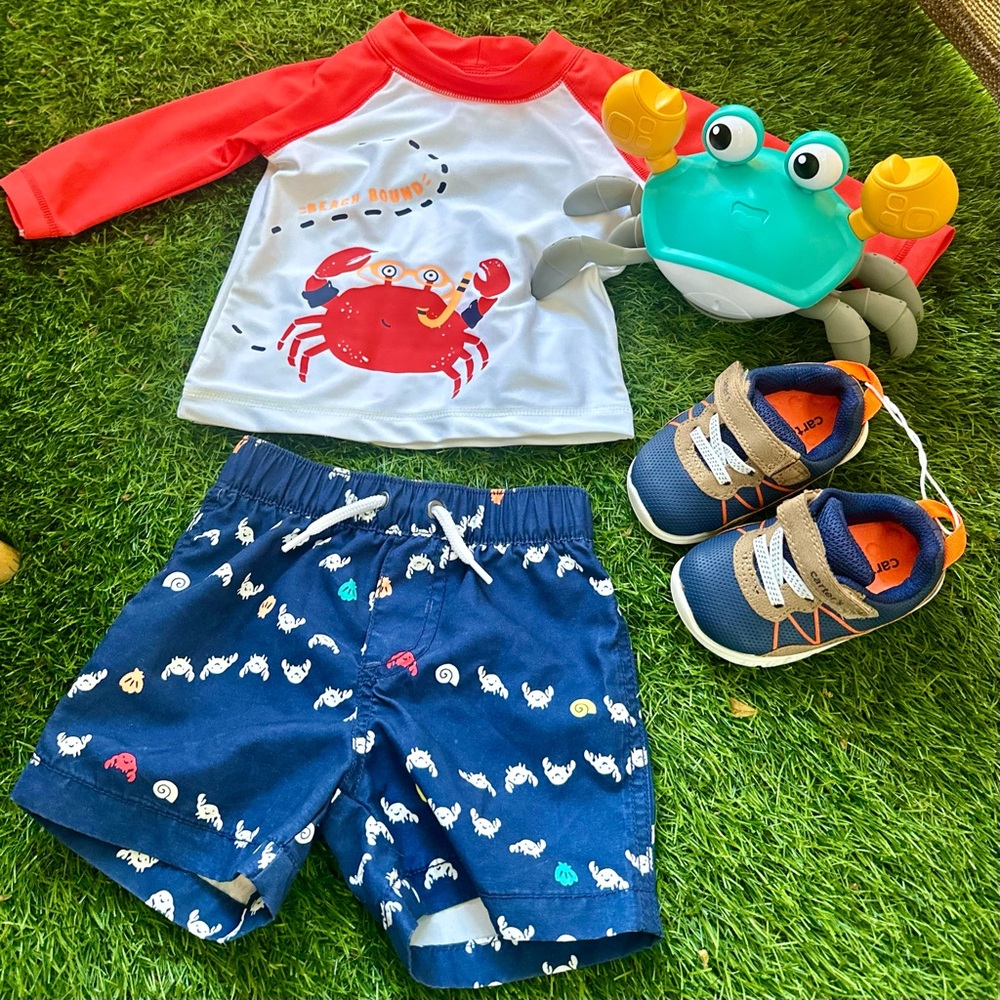 Baby Boy Bundle: Shoes, Toy, & Carter's 2 Piece Crab Rash Guard Top & Shorts Set